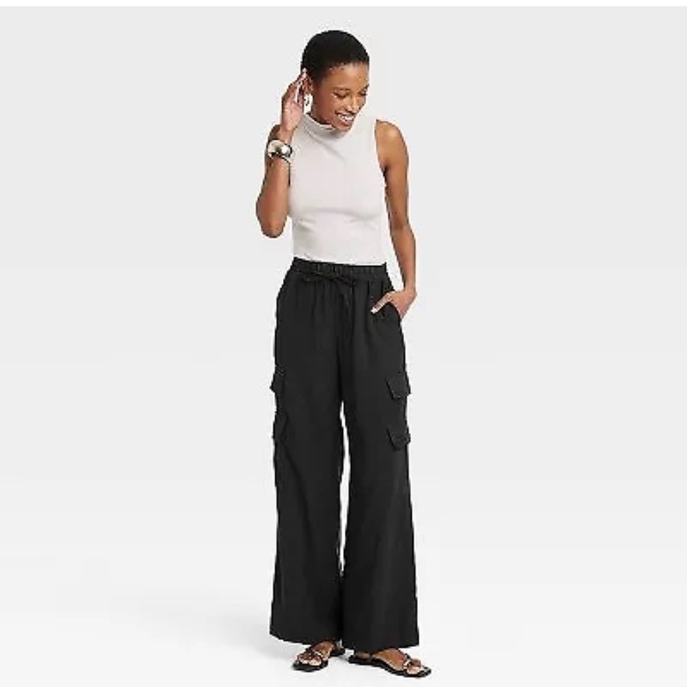 Women's High-Rise Wide Leg Cargo Pants - A New Day Black L